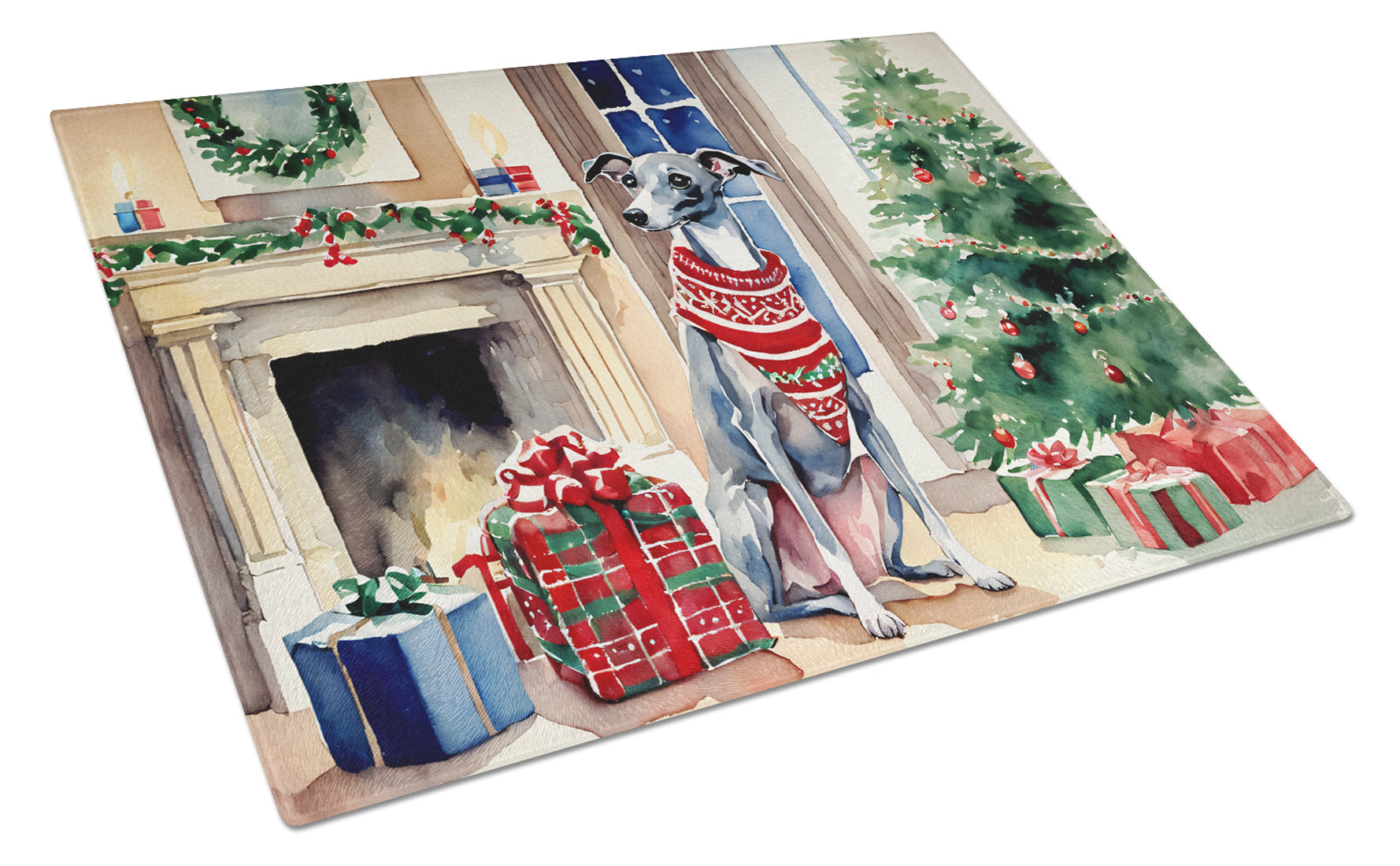 Italian Greyhound Cozy Christmas Cutting Board Tempered Glass Kitchen Cutting Surface, Heat Resistant Chopping, Non-Slip Feet, Food Prep & Serving