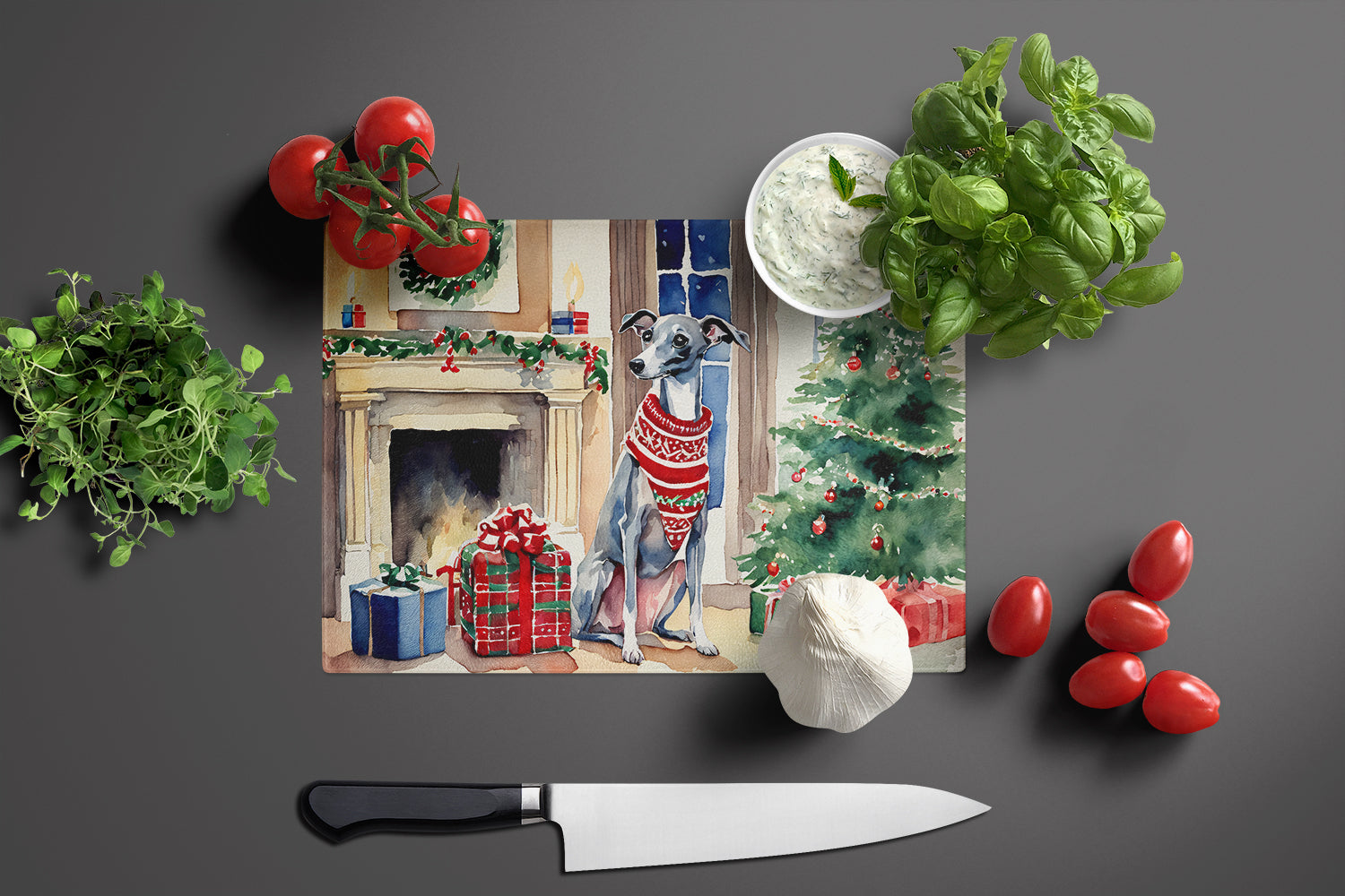 Italian Greyhound Cozy Christmas Cutting Board Tempered Glass Kitchen Cutting Surface, Heat Resistant Chopping, Non-Slip Feet, Food Prep & Serving