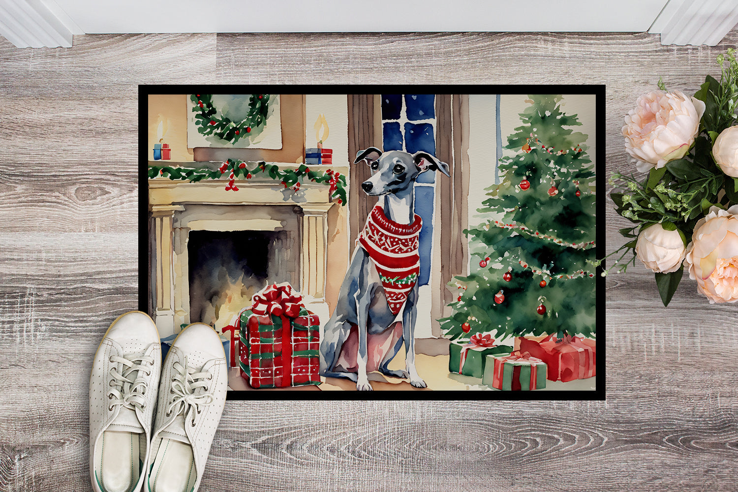 Italian Greyhound Cozy Christmas Doormat Indoor Outdoor 18H X 27W Front Door Mat Rugs for Entryway, Non Slip Washable
