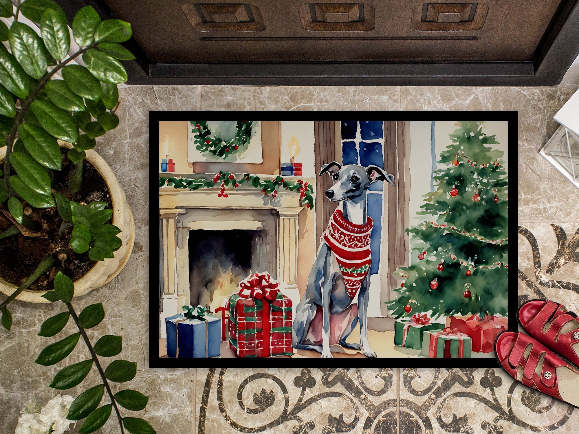 Italian Greyhound Cozy Christmas Doormat Indoor Outdoor 18H X 27W Front Door Mat Rugs for Entryway, Non Slip Washable