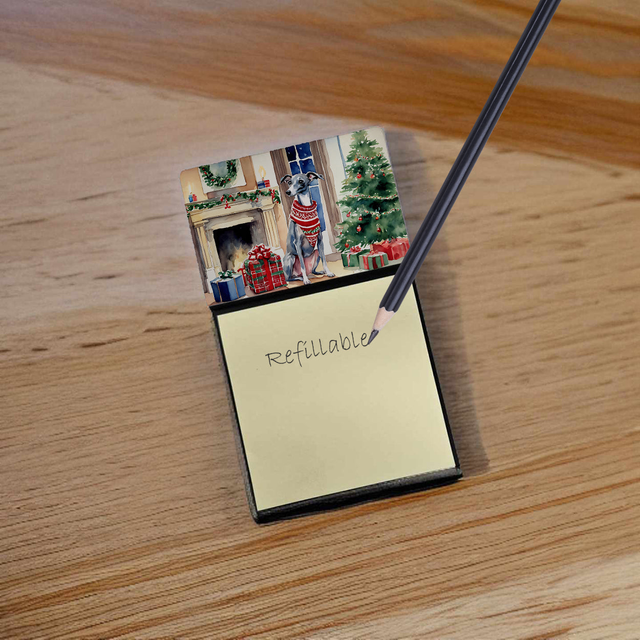 Italian Greyhound Cozy Christmas Watercolor Sticky Note Holder Refillable Dispenser Desk Accessory 3x3 Pad Gift