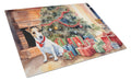 Jack Russell Terrier Cozy Christmas Cutting Board Tempered Glass Kitchen Cutting Surface, Heat Resistant Chopping, Non-Slip Feet, Food Prep & Serving