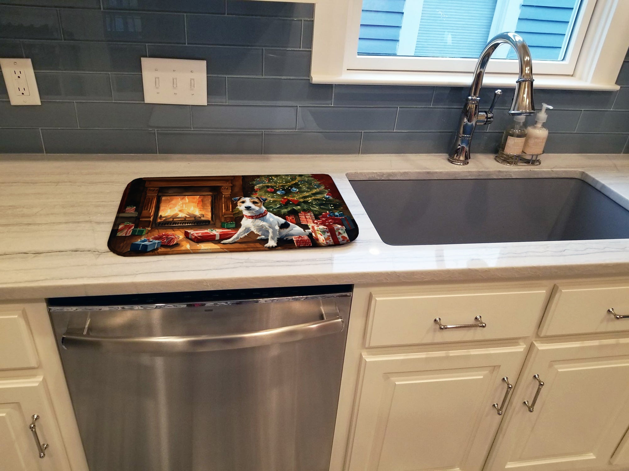 Jack Russell Terrier Cozy Christmas Dish Drying Mat Absorbent Dish Drying Mat Pad for Kitchen Counter Dish Drainer Mat for Countertop, 14 x 21", Multicolor