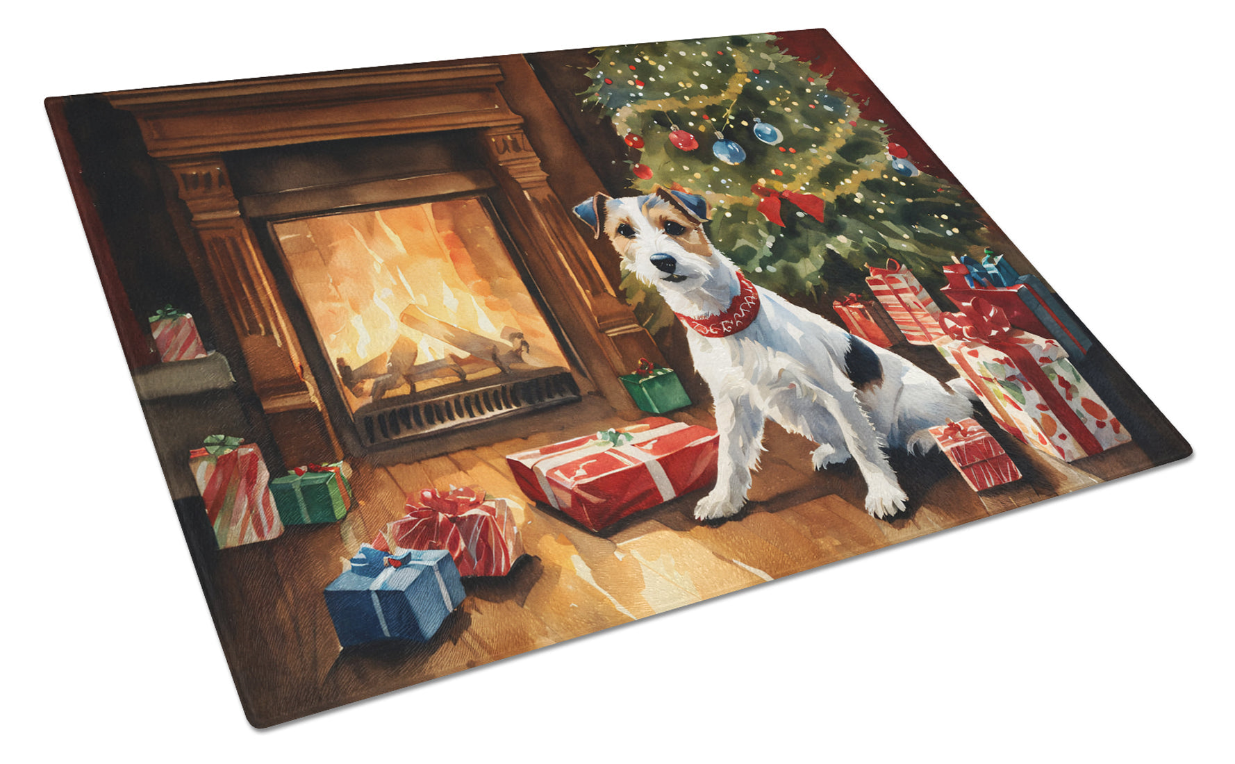 Jack Russell Terrier Cozy Christmas Cutting Board Tempered Glass Kitchen Cutting Surface, Heat Resistant Chopping, Non-Slip Feet, Food Prep & Serving