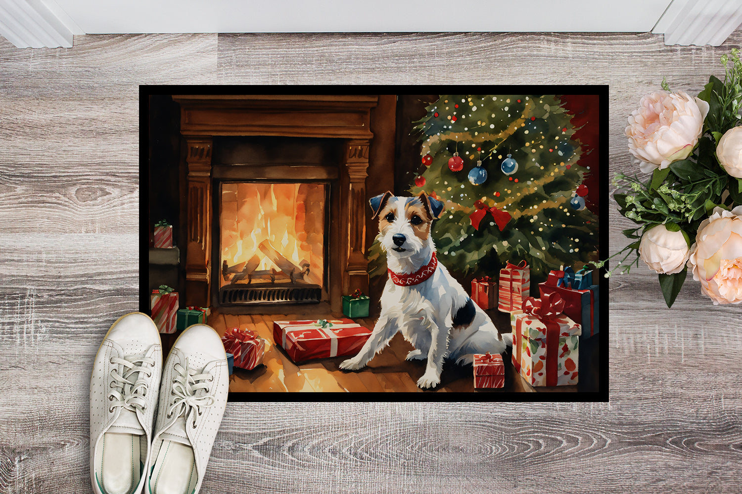 Jack Russell Terrier Cozy Christmas Doormat Indoor Outdoor 18H X 27W Front Door Mat Rugs for Entryway, Non Slip Washable