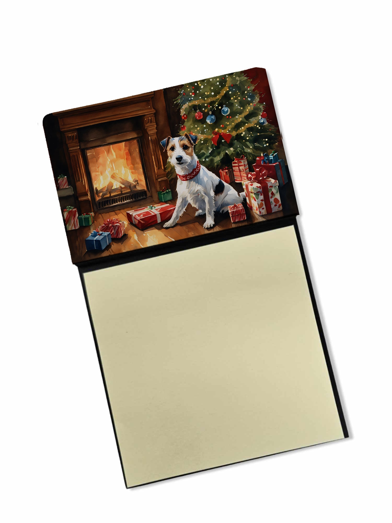 Jack Russell Terrier Cozy Christmas Watercolor Sticky Note Holder Refillable Dispenser Desk Accessory 3x3 Pad Gift