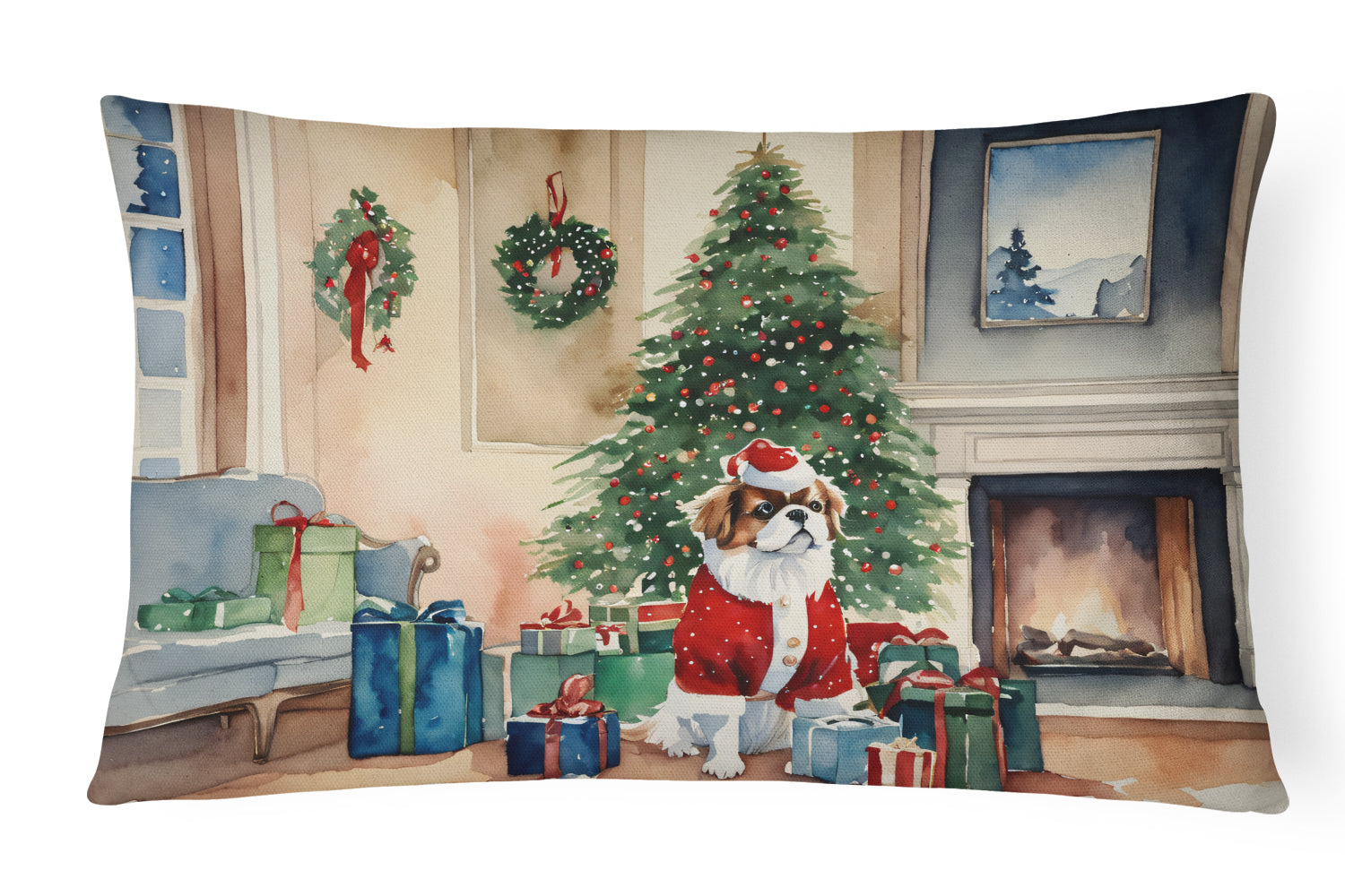 Japanese Chin Cozy Christmas Decorative Throw Pillow 12x16 Indoor Outdoor Accent Cushion, Fabric Cover with Insert for Sofa, Bed, Porch & Living Room
