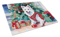 Japanese Spitz Cozy Christmas Cutting Board Tempered Glass Kitchen Cutting Surface, Heat Resistant Chopping, Non-Slip Feet, Food Prep & Serving