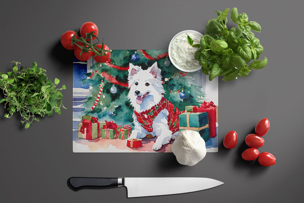 Japanese Spitz Cozy Christmas Cutting Board Tempered Glass Kitchen Cutting Surface, Heat Resistant Chopping, Non-Slip Feet, Food Prep & Serving