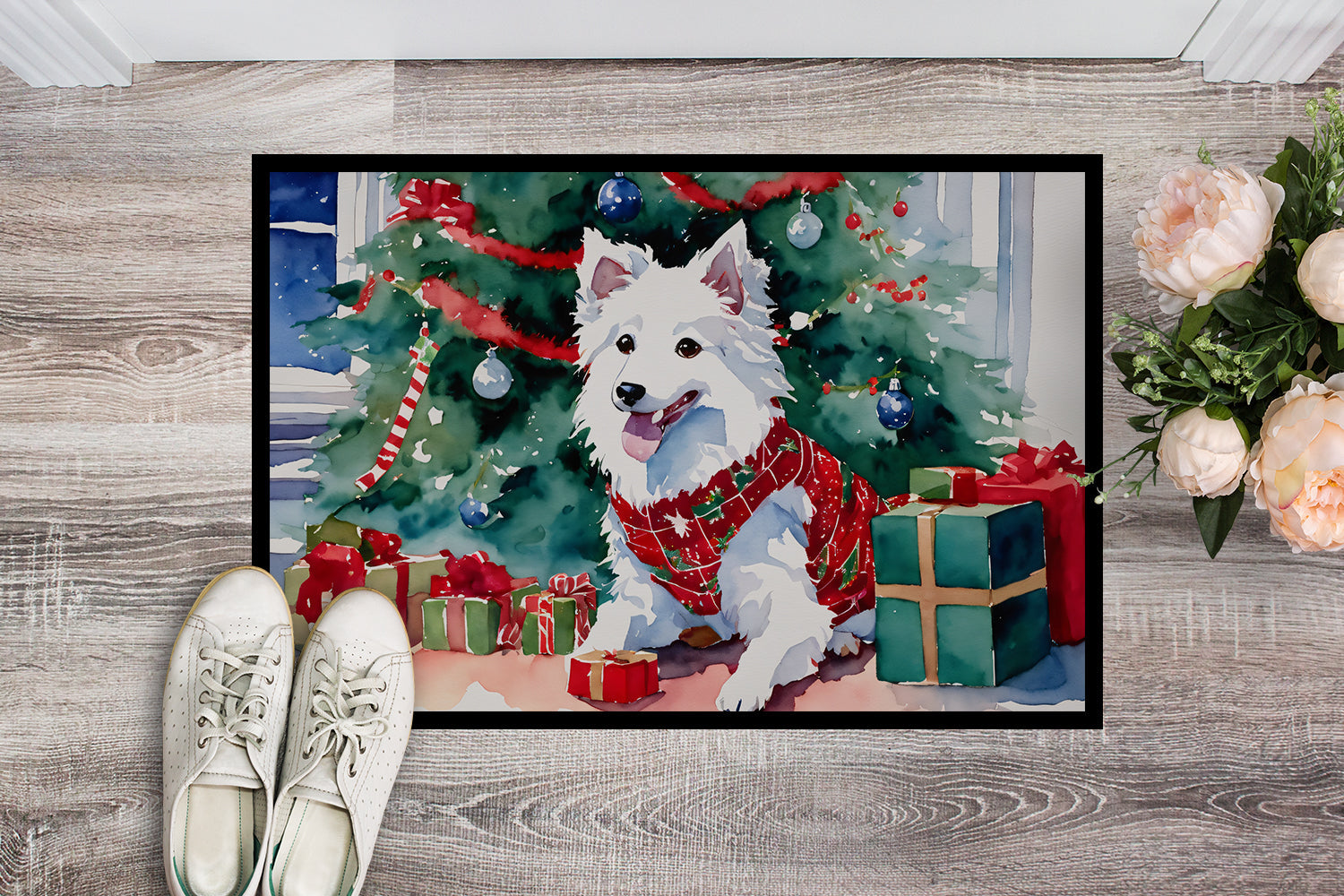 Japanese Spitz Cozy Christmas Doormat Indoor Outdoor 18H X 27W Front Door Mat Rugs for Entryway, Non Slip Washable