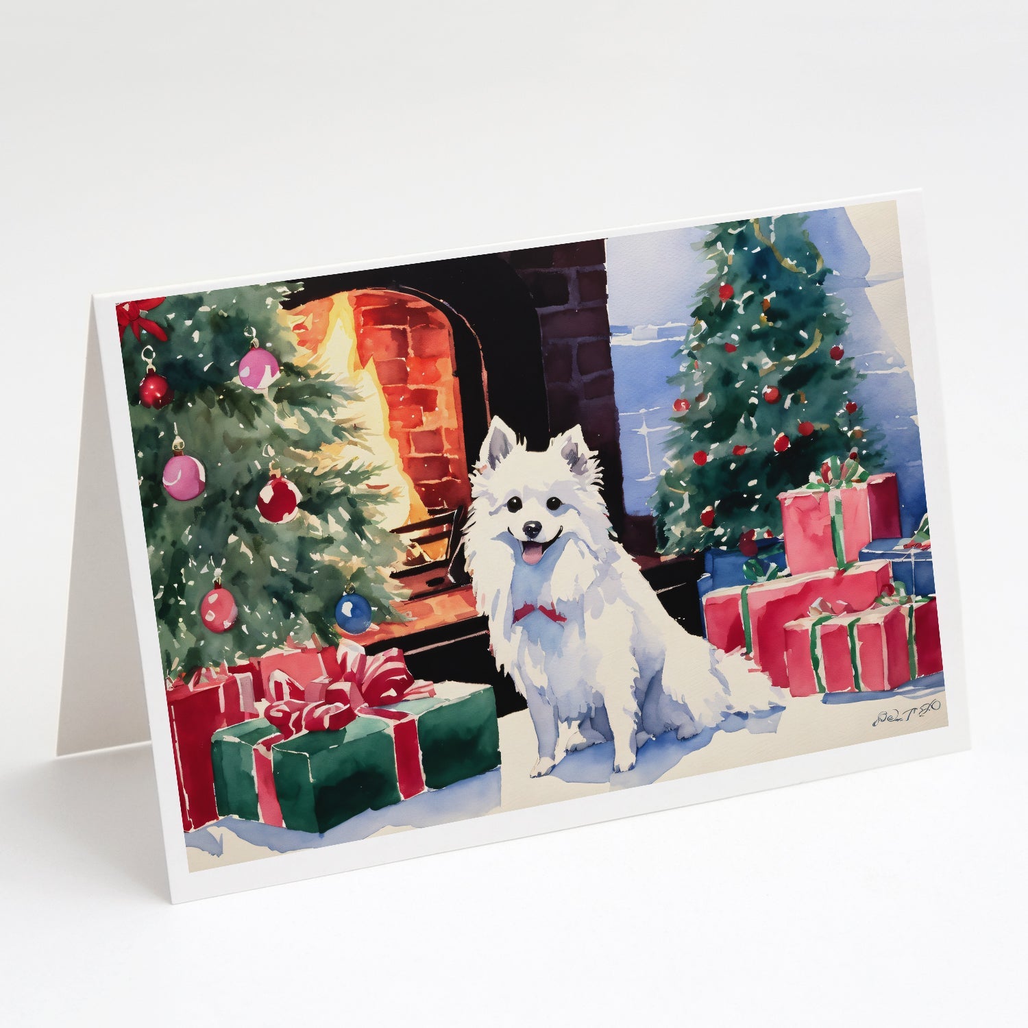 Japanese Spitz Cozy Christmas Greeting Cards Pack of 8 Blank Cards with Envelopes Whimsical A7 Size 5x7