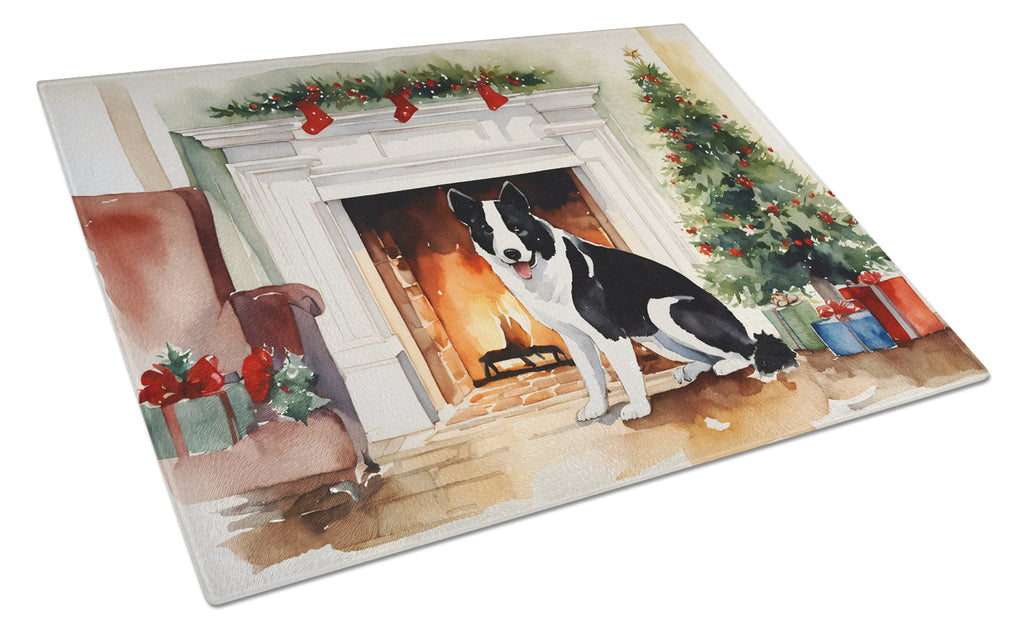Karelian Bear Dog Cozy Christmas Cutting Board Tempered Glass Kitchen Cutting Surface, Heat Resistant Chopping, Non-Slip Feet, Food Prep & Serving