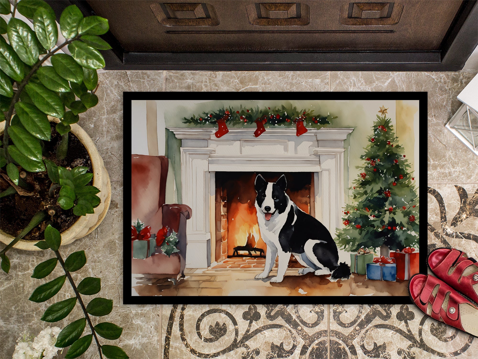 Karelian Bear Dog Cozy Christmas Doormat Indoor Outdoor 18H X 27W Front Door Mat Rugs for Entryway, Non Slip Washable