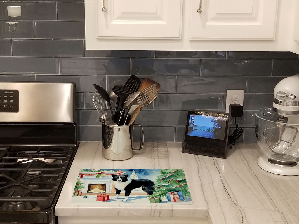 Karelian Bear Dog Cozy Christmas Cutting Board Tempered Glass Kitchen Cutting Surface, Heat Resistant Chopping, Non-Slip Feet, Food Prep & Serving