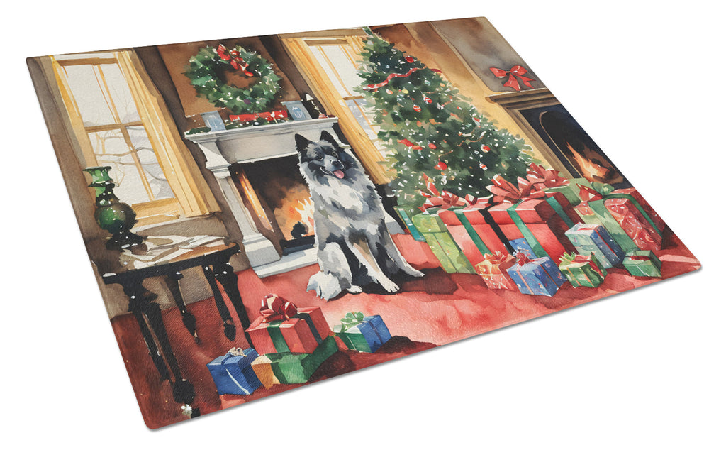 Keeshond Cozy Christmas Cutting Board Tempered Glass Kitchen Cutting Surface, Heat Resistant Chopping, Non-Slip Feet, Food Prep & Serving