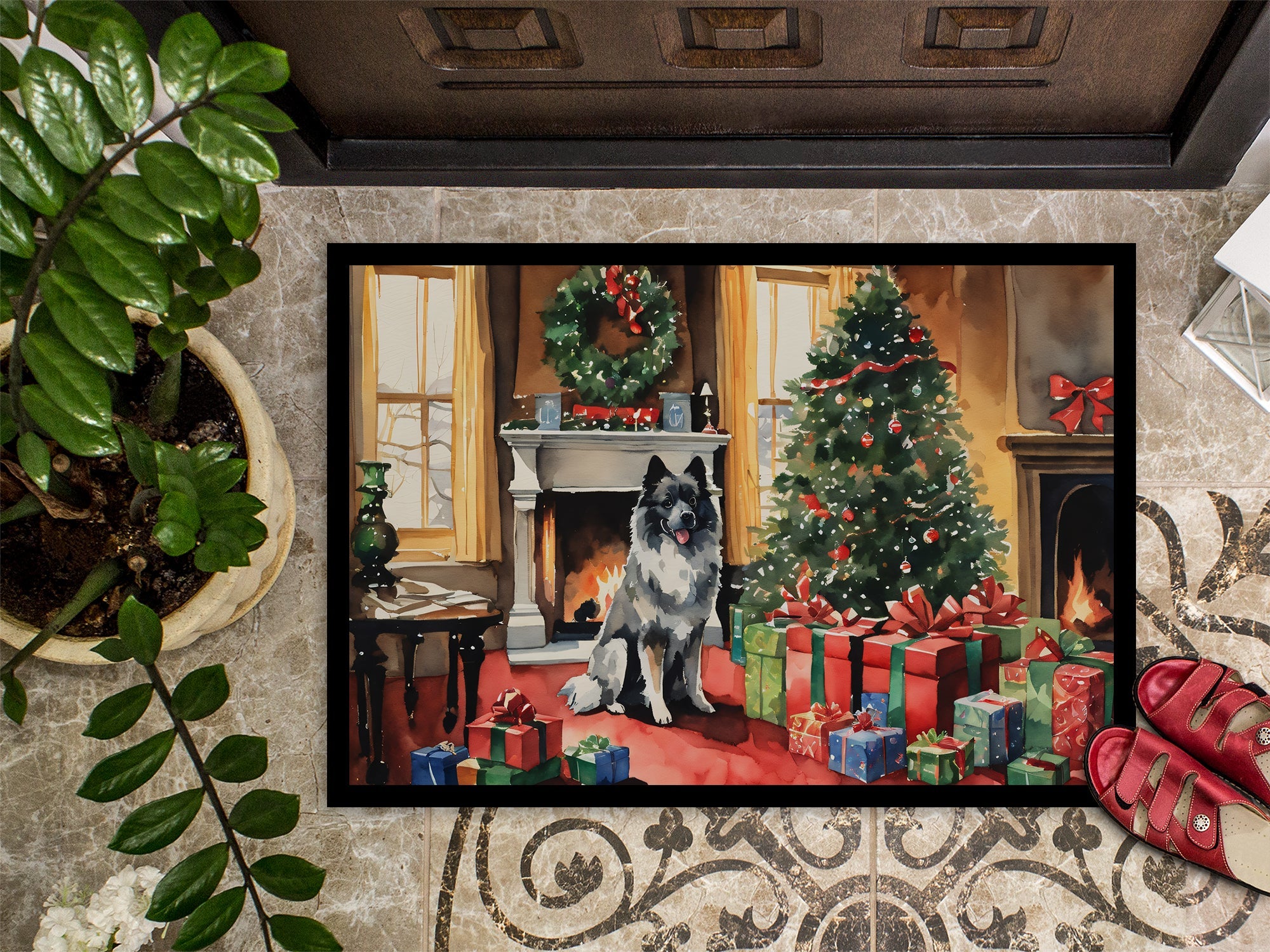 Keeshond Cozy Christmas Doormat Indoor Outdoor 18H X 27W Front Door Mat Rugs for Entryway, Non Slip Washable