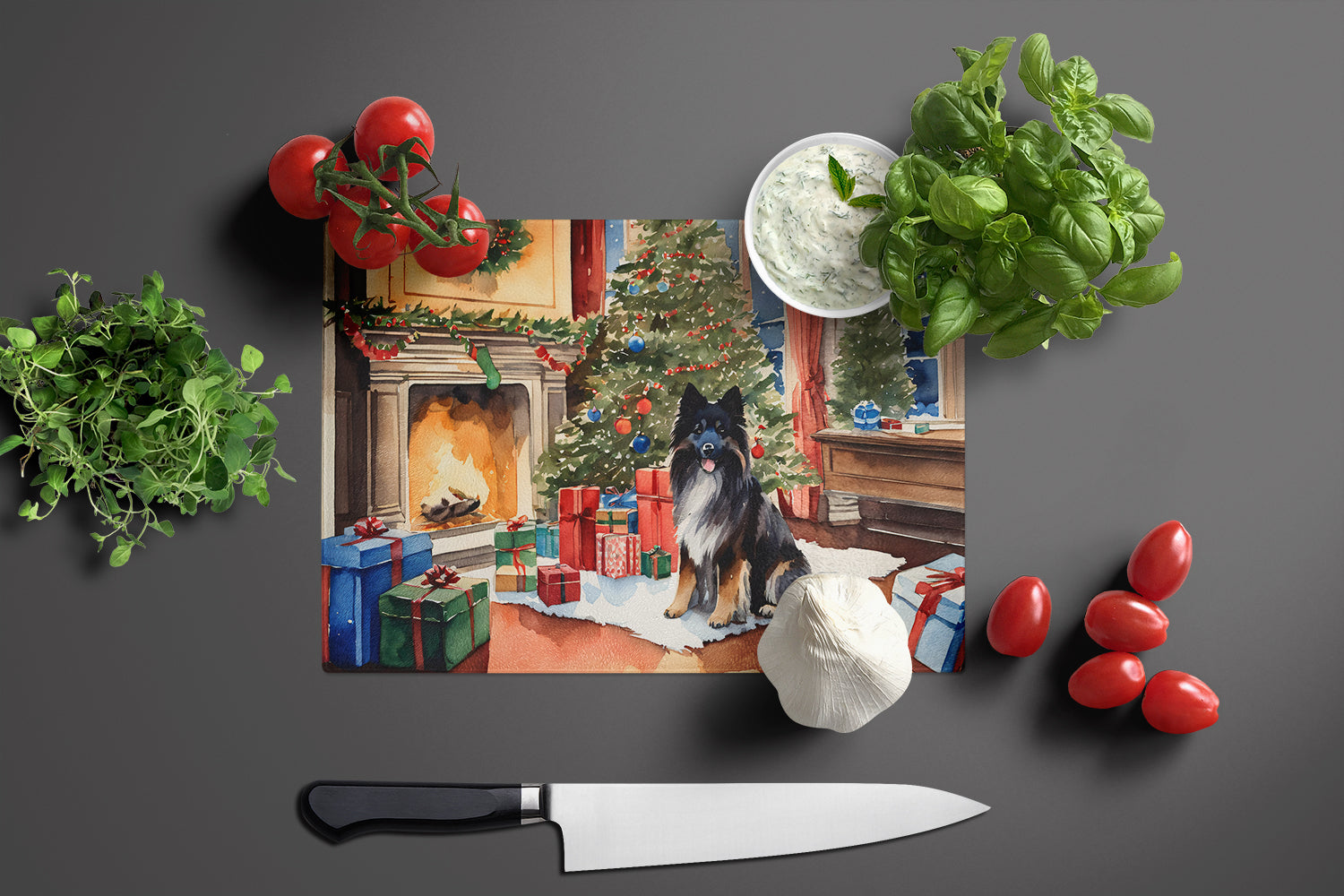 Keeshond Cozy Christmas Cutting Board Tempered Glass Kitchen Cutting Surface, Heat Resistant Chopping, Non-Slip Feet, Food Prep & Serving
