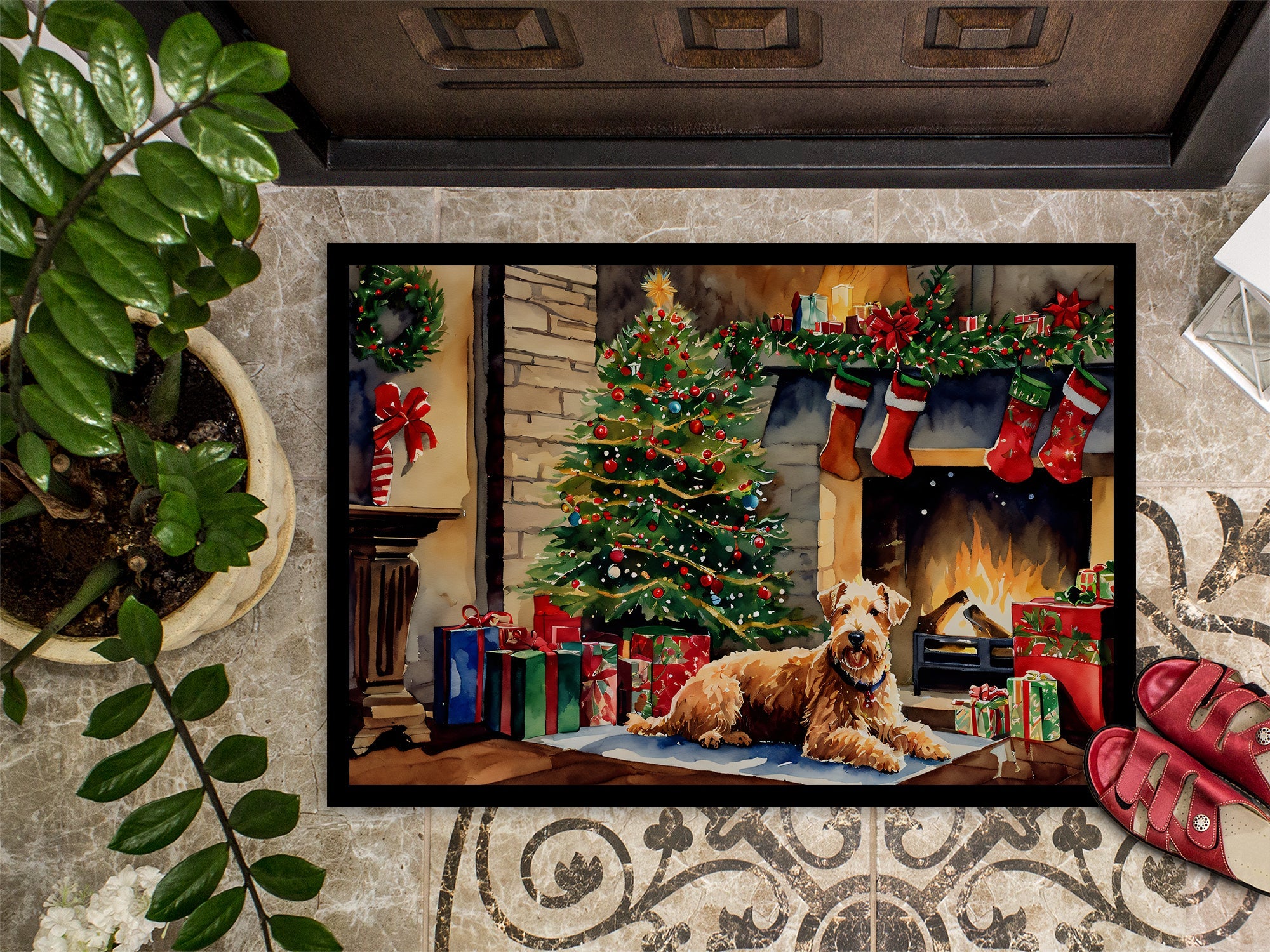 Lakeland Terrier Cozy Christmas Doormat Indoor Outdoor 18H X 27W Front Door Mat Rugs for Entryway, Non Slip Washable
