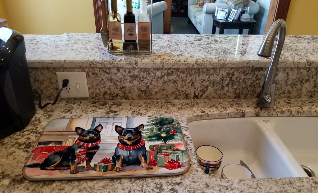 Lancashire Heeler Cozy Christmas Dish Drying Mat Absorbent Dish Drying Mat Pad for Kitchen Counter Dish Drainer Mat for Countertop, 14 x 21", Multicolor