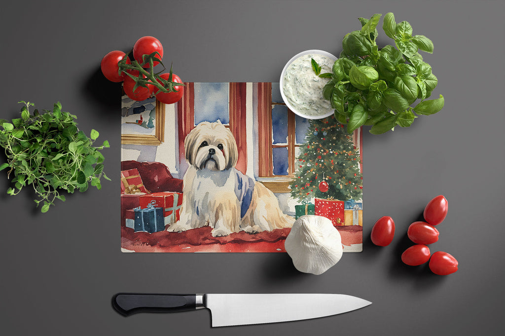 Lhasa Apso Cozy Christmas Cutting Board Tempered Glass Kitchen Cutting Surface, Heat Resistant Chopping, Non-Slip Feet, Food Prep & Serving