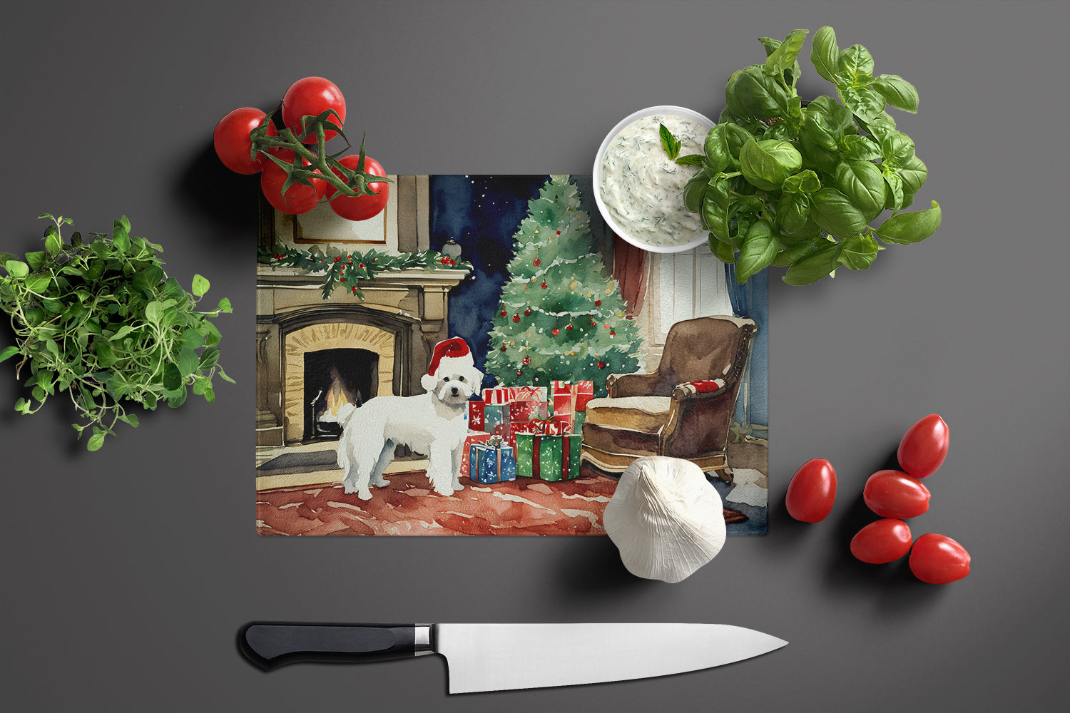 Maltese Cozy Christmas Cutting Board Tempered Glass Kitchen Cutting Surface, Heat Resistant Chopping, Non-Slip Feet, Food Prep & Serving