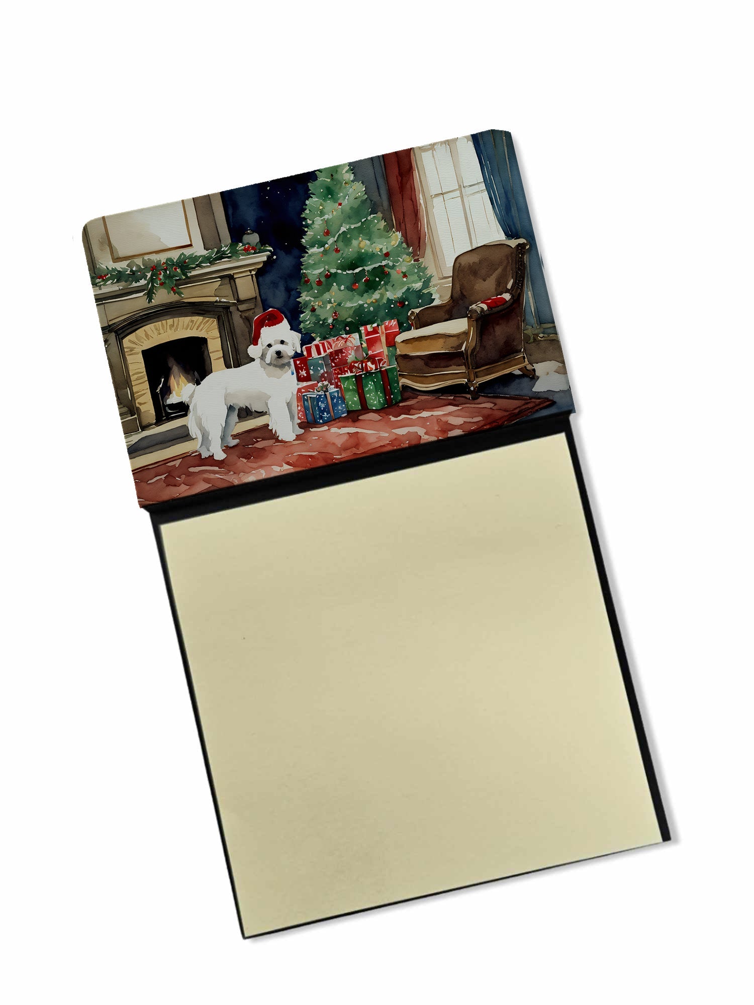 Maltese Cozy Christmas Watercolor Sticky Note Holder Refillable Dispenser Desk Accessory 3x3 Pad Gift