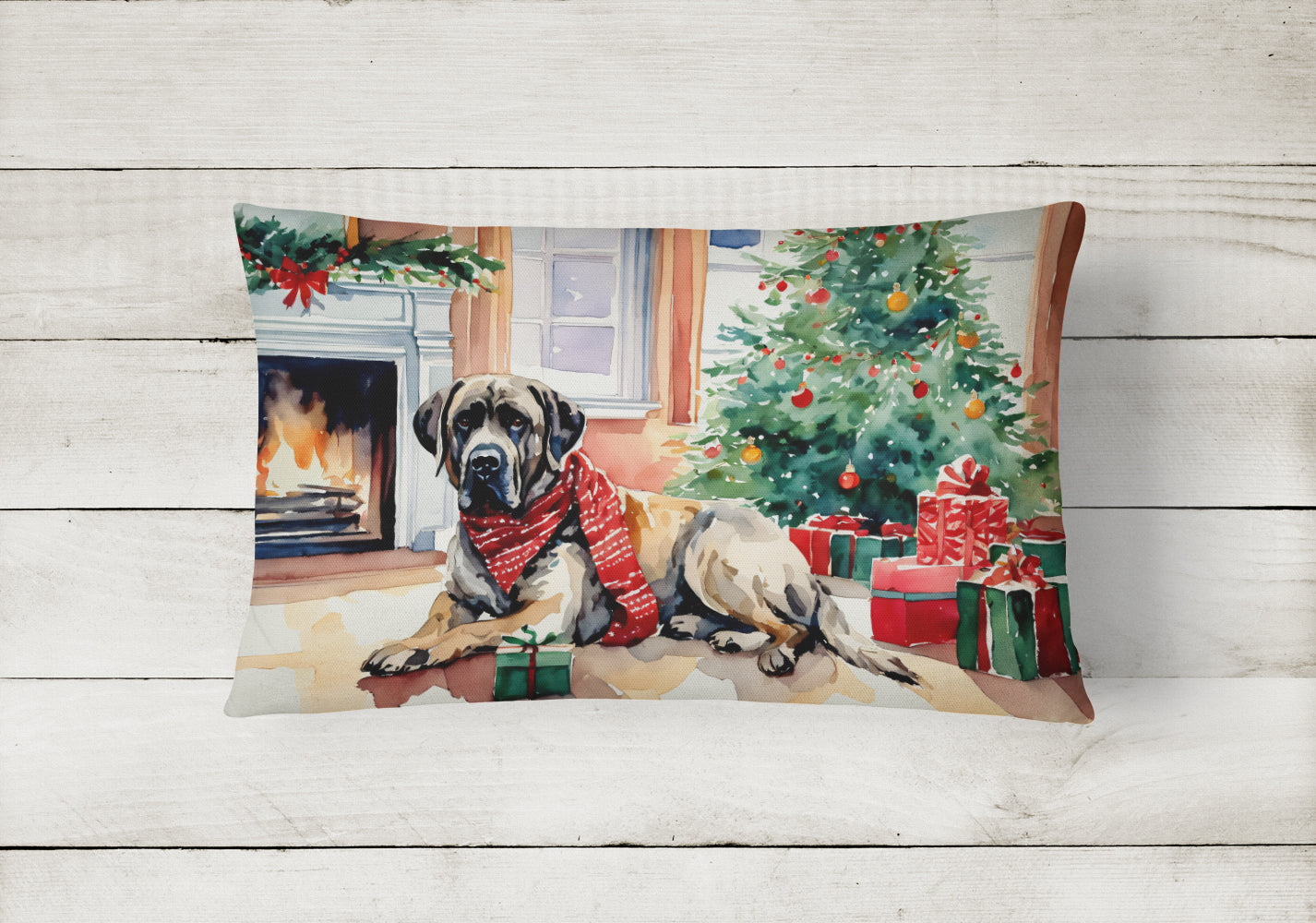 Mastiff Cozy Christmas Decorative Throw Pillow 12x16 Indoor Outdoor Accent Cushion, Fabric Cover with Insert for Sofa, Bed, Porch & Living Room