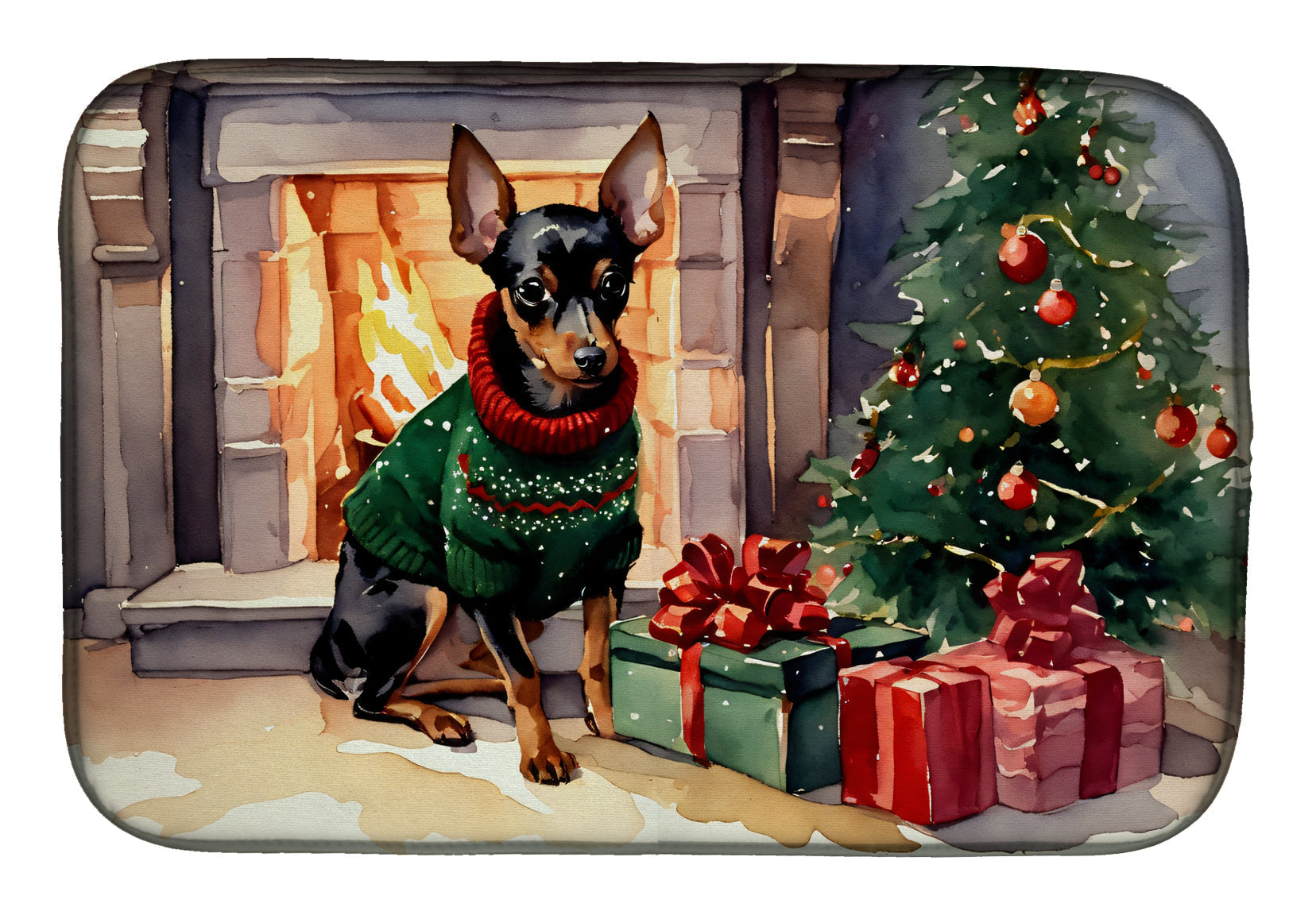 Miniature Pinscher Cozy Christmas Dish Drying Mat Absorbent Dish Drying Mat Pad for Kitchen Counter Dish Drainer Mat for Countertop, 14 x 21", Multicolor