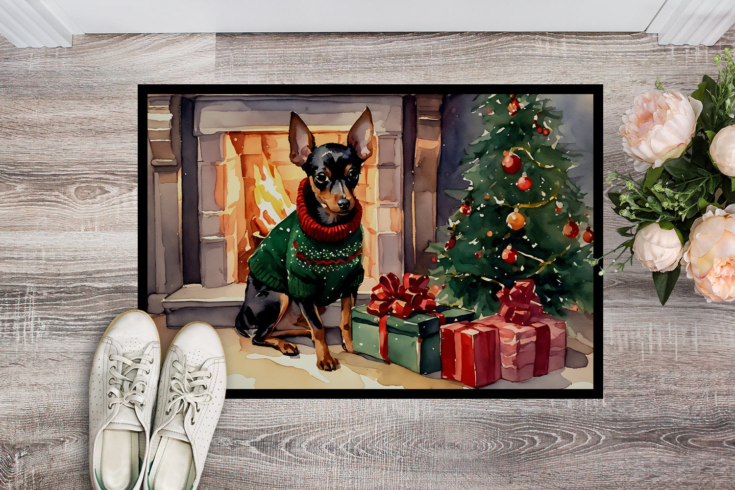 Miniature Pinscher Cozy Christmas Doormat Indoor Outdoor 24H X 36W Front Door Mat Rugs for Entryway, Non Slip Washable Low Pile,