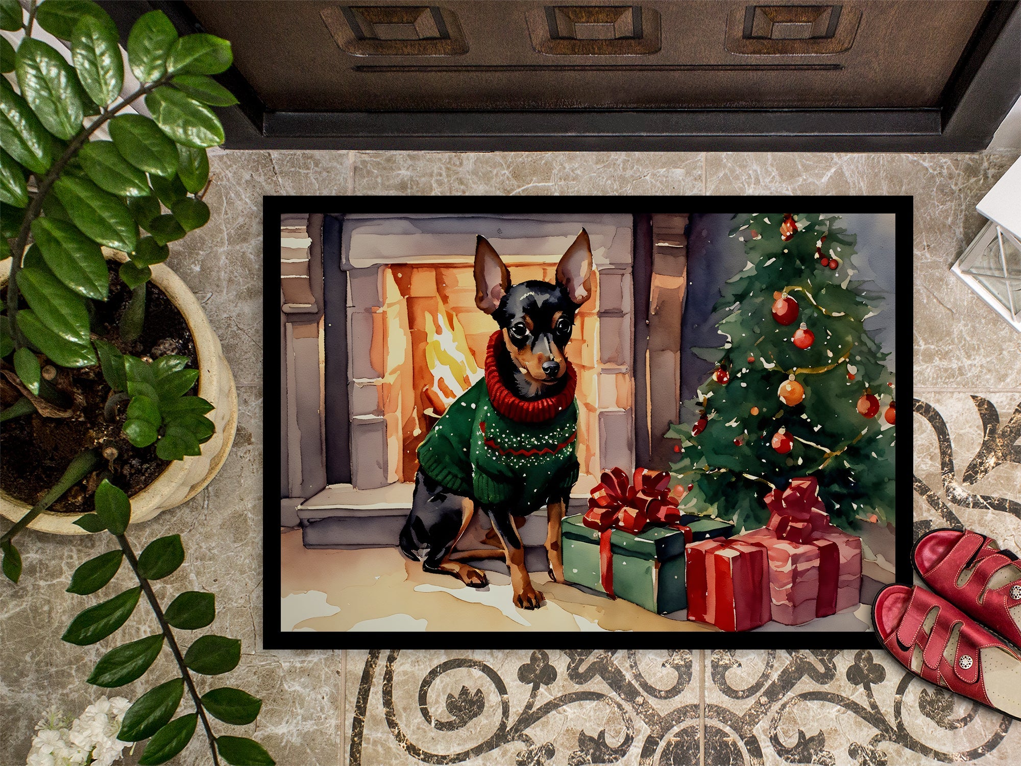 Miniature Pinscher Cozy Christmas Doormat Indoor Outdoor 18H X 27W Front Door Mat Rugs for Entryway, Non Slip Washable