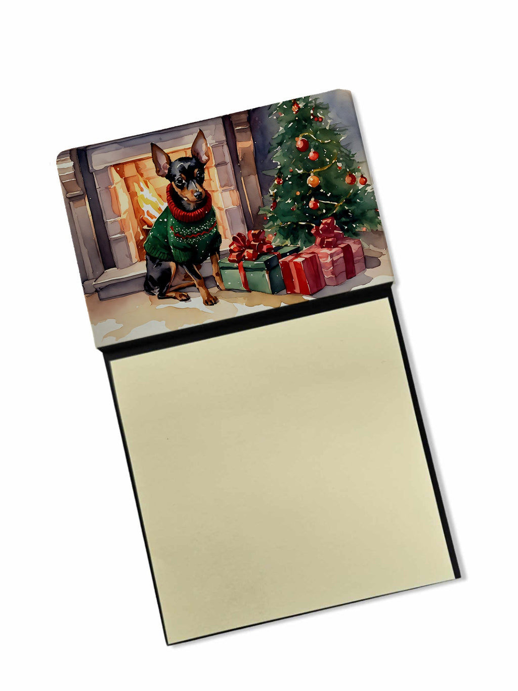Miniature Pinscher Cozy Christmas Watercolor Sticky Note Holder Refillable Dispenser Desk Accessory 3x3 Pad Gift