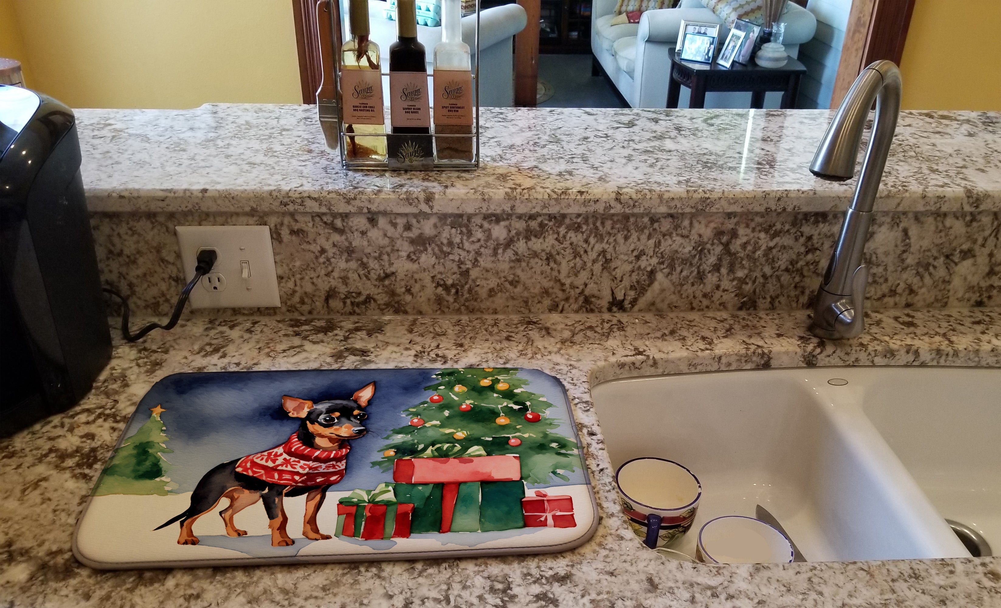 Miniature Pinscher Cozy Christmas Dish Drying Mat Absorbent Dish Drying Mat Pad for Kitchen Counter Dish Drainer Mat for Countertop, 14 x 21", Multicolor