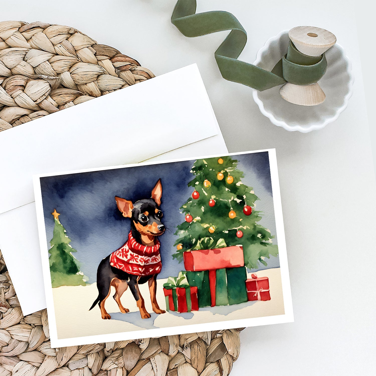 Miniature Pinscher Cozy Christmas Greeting Cards Pack of 8 Blank Cards with Envelopes Whimsical A7 Size 5x7