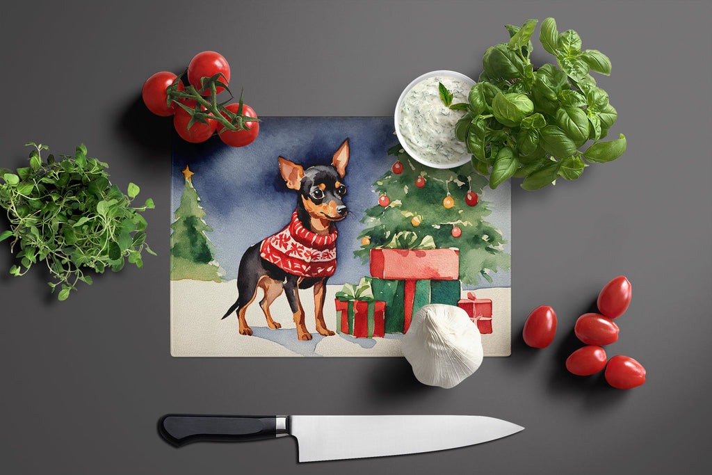 Miniature Pinscher Cozy Christmas Cutting Board Tempered Glass Kitchen Cutting Surface, Heat Resistant Chopping, Non-Slip Feet, Food Prep & Serving