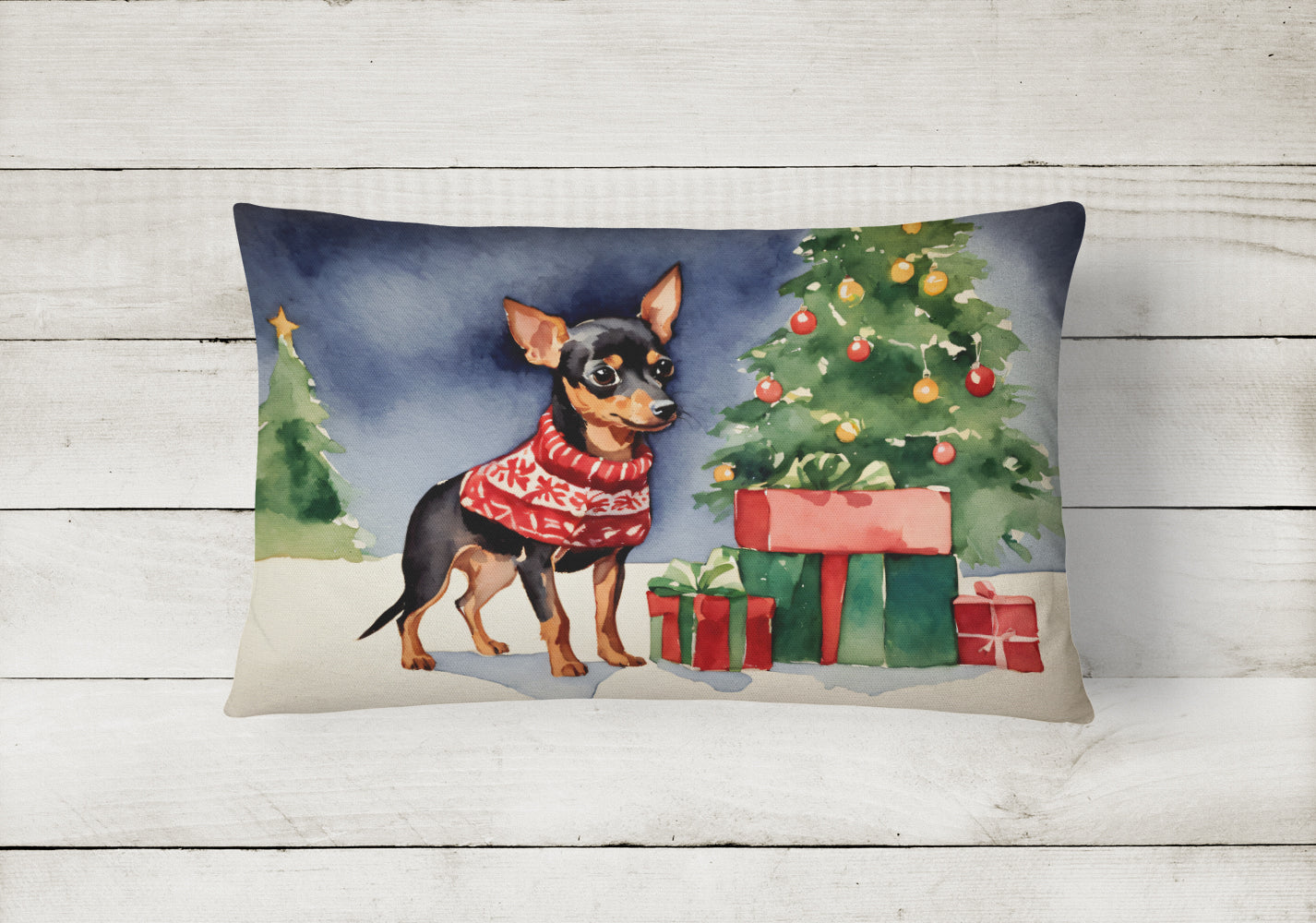 Miniature Pinscher Cozy Christmas Decorative Throw Pillow 12x16 Indoor Outdoor Accent Cushion, Fabric Cover with Insert for Sofa, Bed, Porch & Living Room