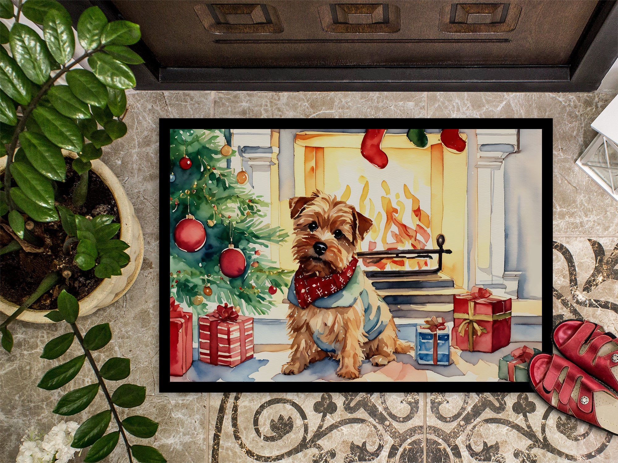 Norfolk Terrier Cozy Christmas Doormat Indoor Outdoor 18H X 27W Front Door Mat Rugs for Entryway, Non Slip Washable