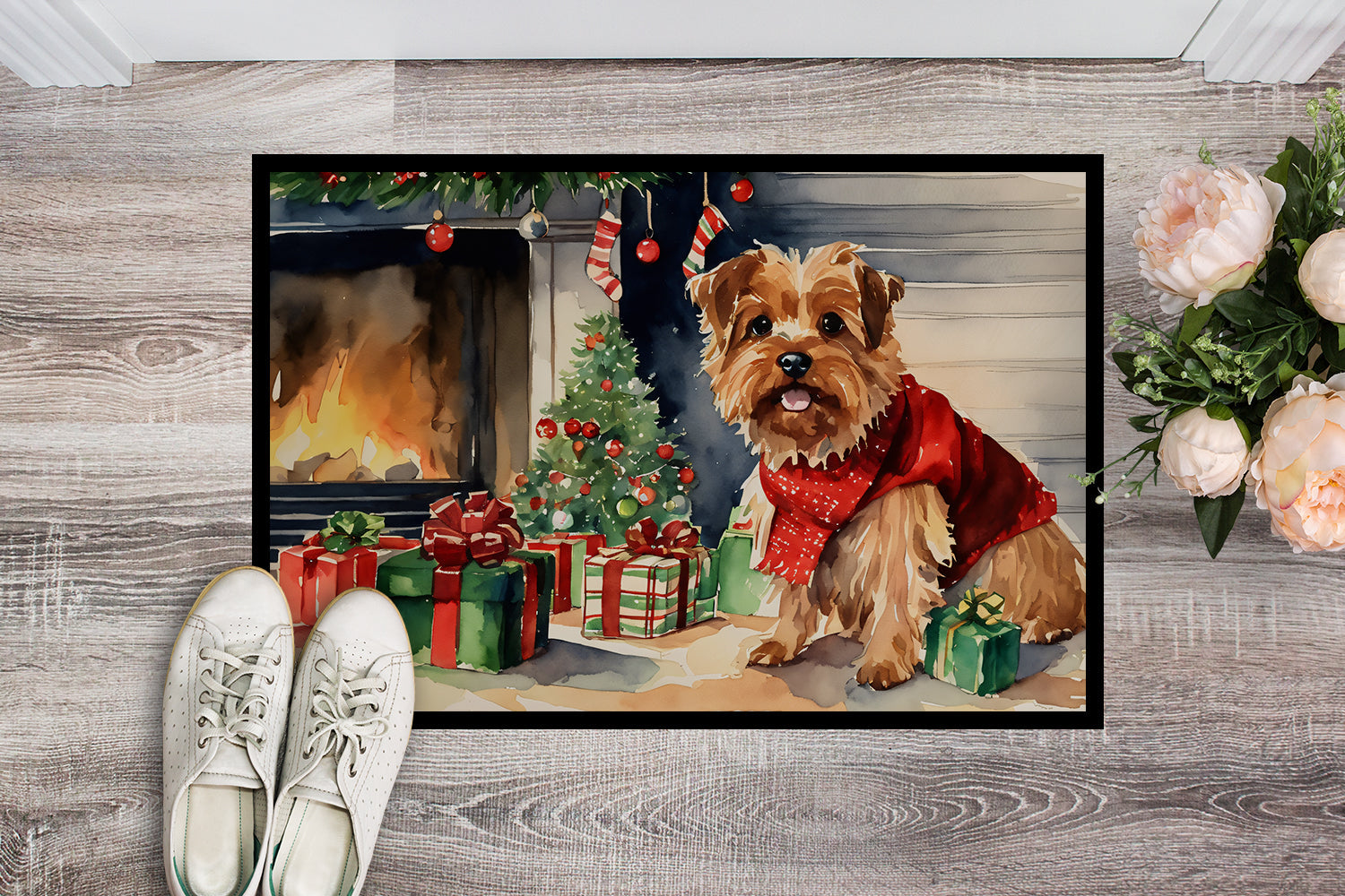 Norfolk Terrier Cozy Christmas Doormat Indoor Outdoor 18H X 27W Front Door Mat Rugs for Entryway, Non Slip Washable