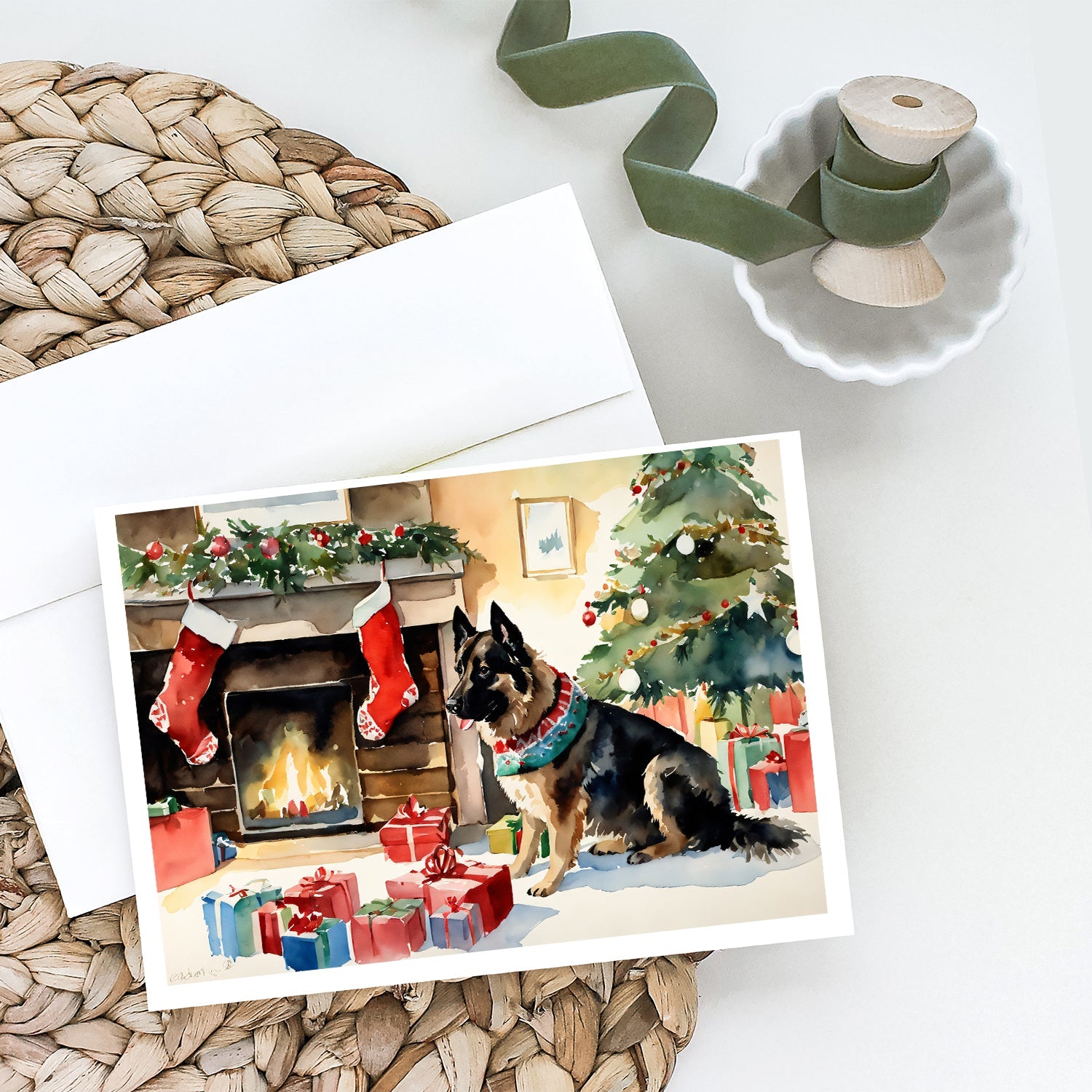 Norwegian Buhund Cozy Christmas Greeting Cards Pack of 8 Blank Cards with Envelopes Whimsical A7 Size 5x7