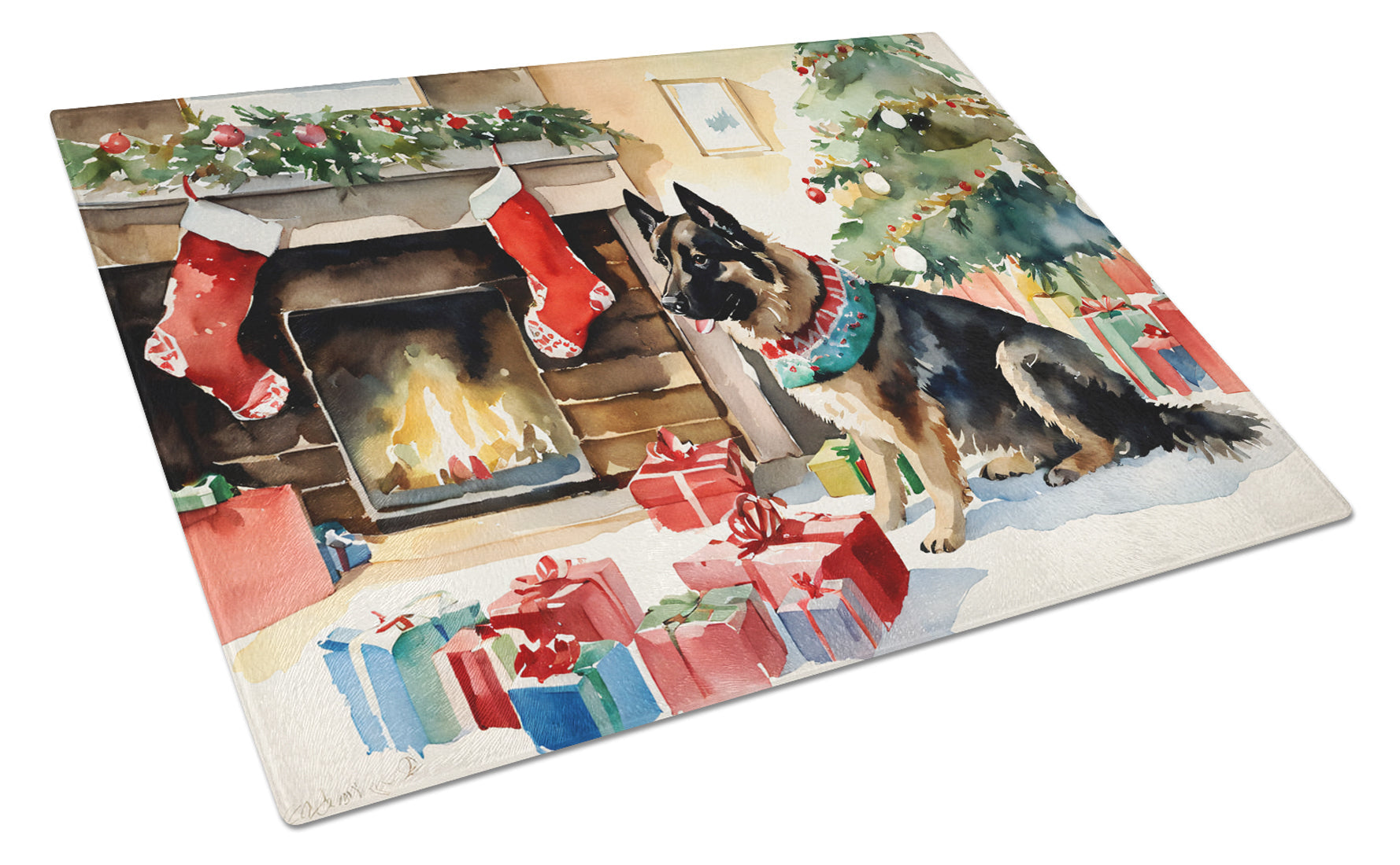 Norwegian Buhund Cozy Christmas Cutting Board Tempered Glass Kitchen Cutting Surface, Heat Resistant Chopping, Non-Slip Feet, Food Prep & Serving