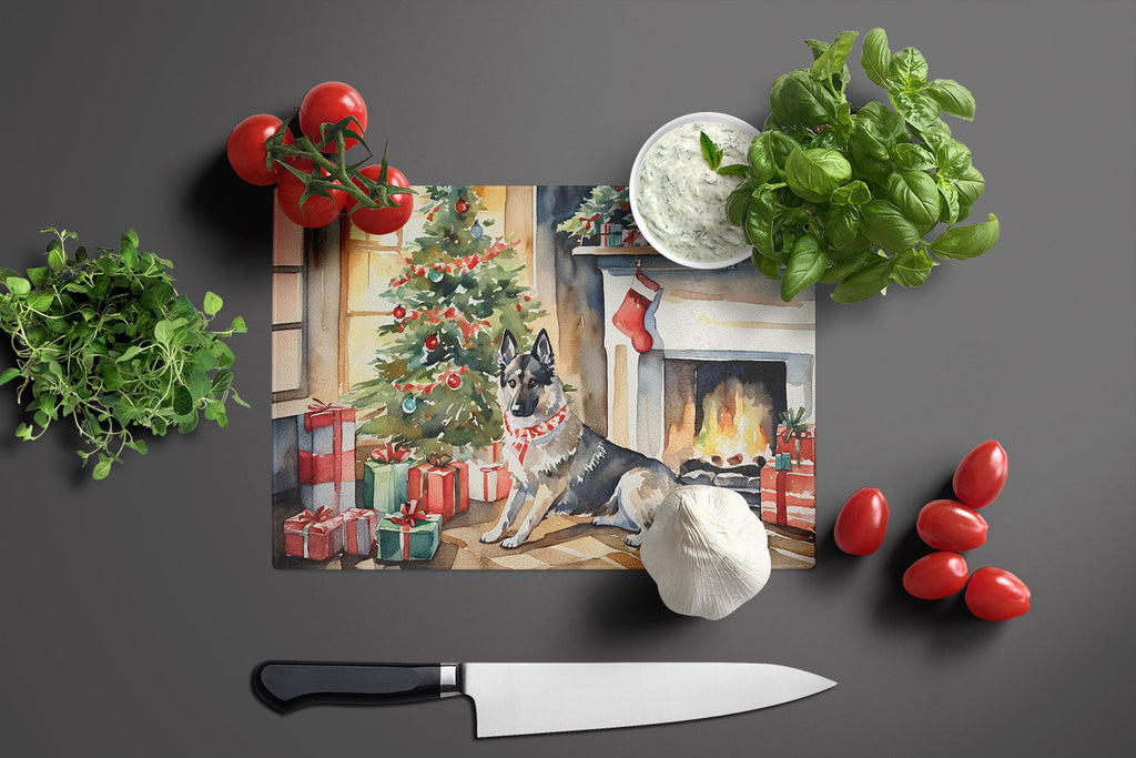 Norwegian Elkhound Cozy Christmas Cutting Board Tempered Glass Kitchen Cutting Surface, Heat Resistant Chopping, Non-Slip Feet, Food Prep & Serving