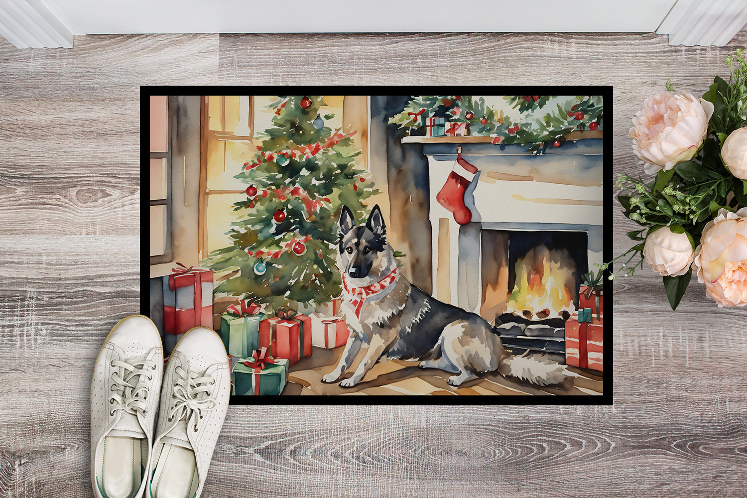 Norwegian Elkhound Cozy Christmas Doormat Indoor Outdoor 18H X 27W Front Door Mat Rugs for Entryway, Non Slip Washable