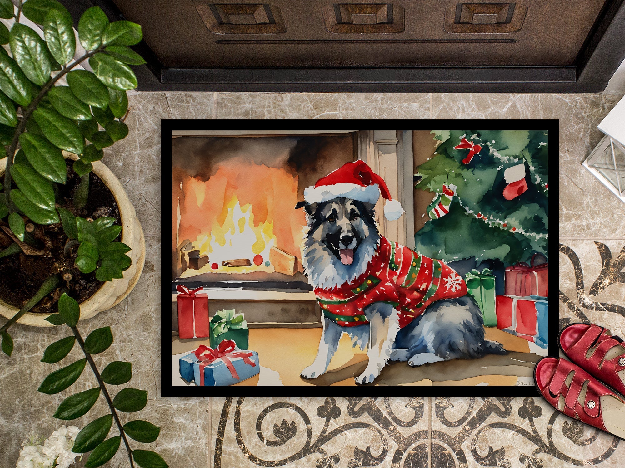 Norwegian Elkhound Cozy Christmas Doormat Indoor Outdoor 24H X 36W Front Door Mat Rugs for Entryway, Non Slip Washable Low Pile,