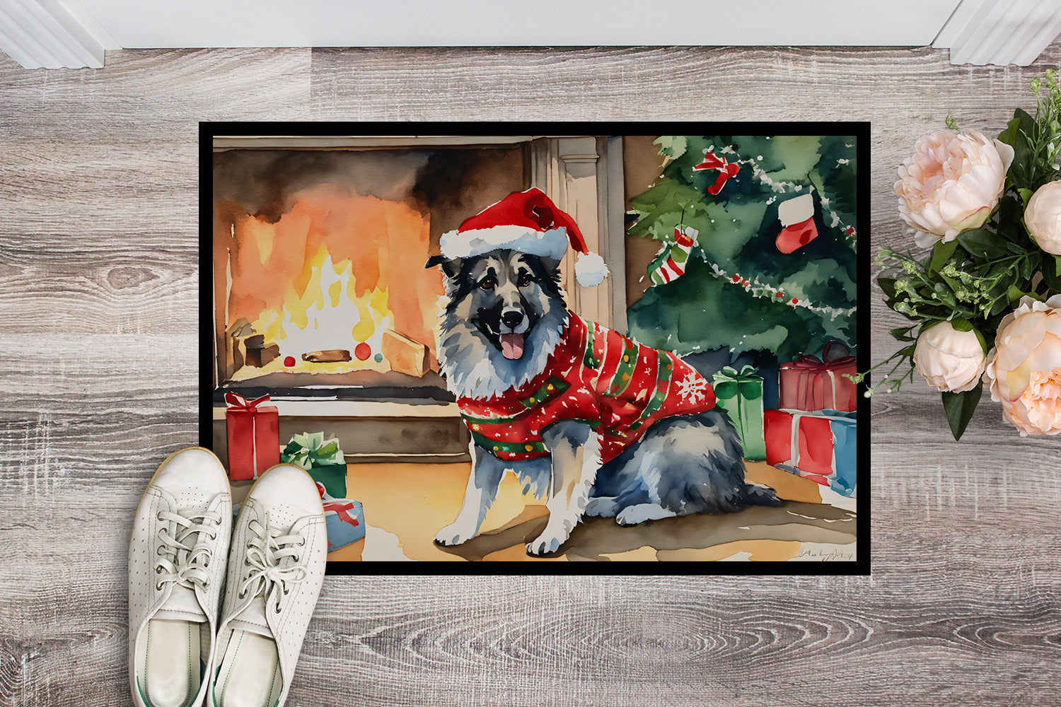 Norwegian Elkhound Cozy Christmas Doormat Indoor Outdoor 18H X 27W Front Door Mat Rugs for Entryway, Non Slip Washable