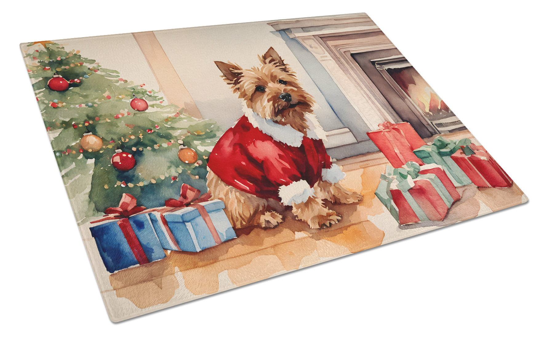 Norwich Terrier Cozy Christmas Cutting Board Tempered Glass Kitchen Cutting Surface, Heat Resistant Chopping, Non-Slip Feet, Food Prep & Serving
