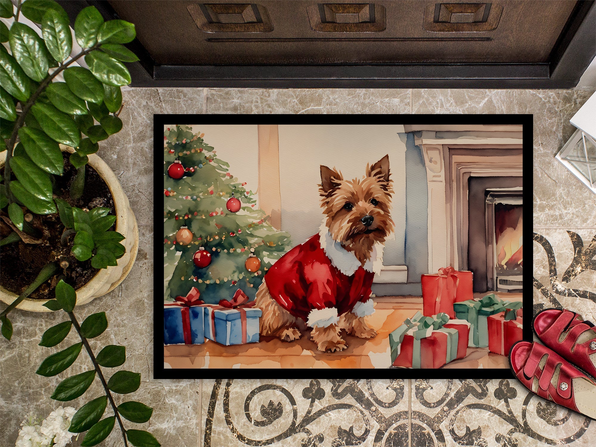 Norwich Terrier Cozy Christmas Doormat Indoor Outdoor 18H X 27W Front Door Mat Rugs for Entryway, Non Slip Washable
