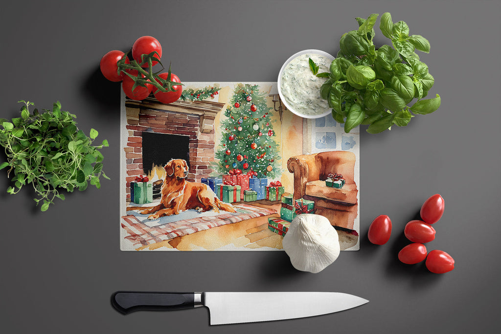 Nova Scotia Duck Tolling Retriever Cozy Christmas Cutting Board Tempered Glass Kitchen Cutting Surface, Heat Resistant Chopping, Non-Slip Feet, Food Prep & Serving
