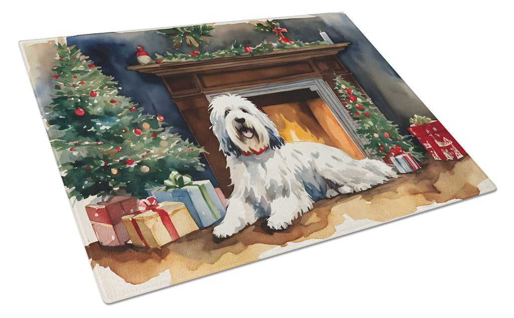 Old English Sheepdog Cozy Christmas Cutting Board Tempered Glass Kitchen Cutting Surface, Heat Resistant Chopping, Non-Slip Feet, Food Prep & Serving