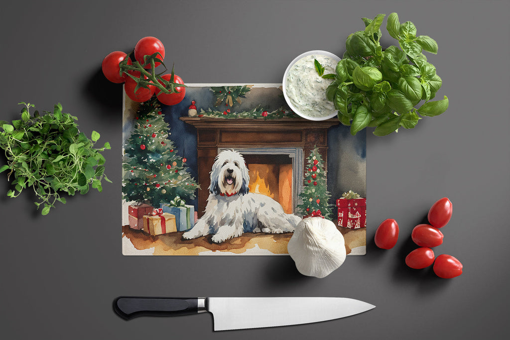 Old English Sheepdog Cozy Christmas Cutting Board Tempered Glass Kitchen Cutting Surface, Heat Resistant Chopping, Non-Slip Feet, Food Prep & Serving
