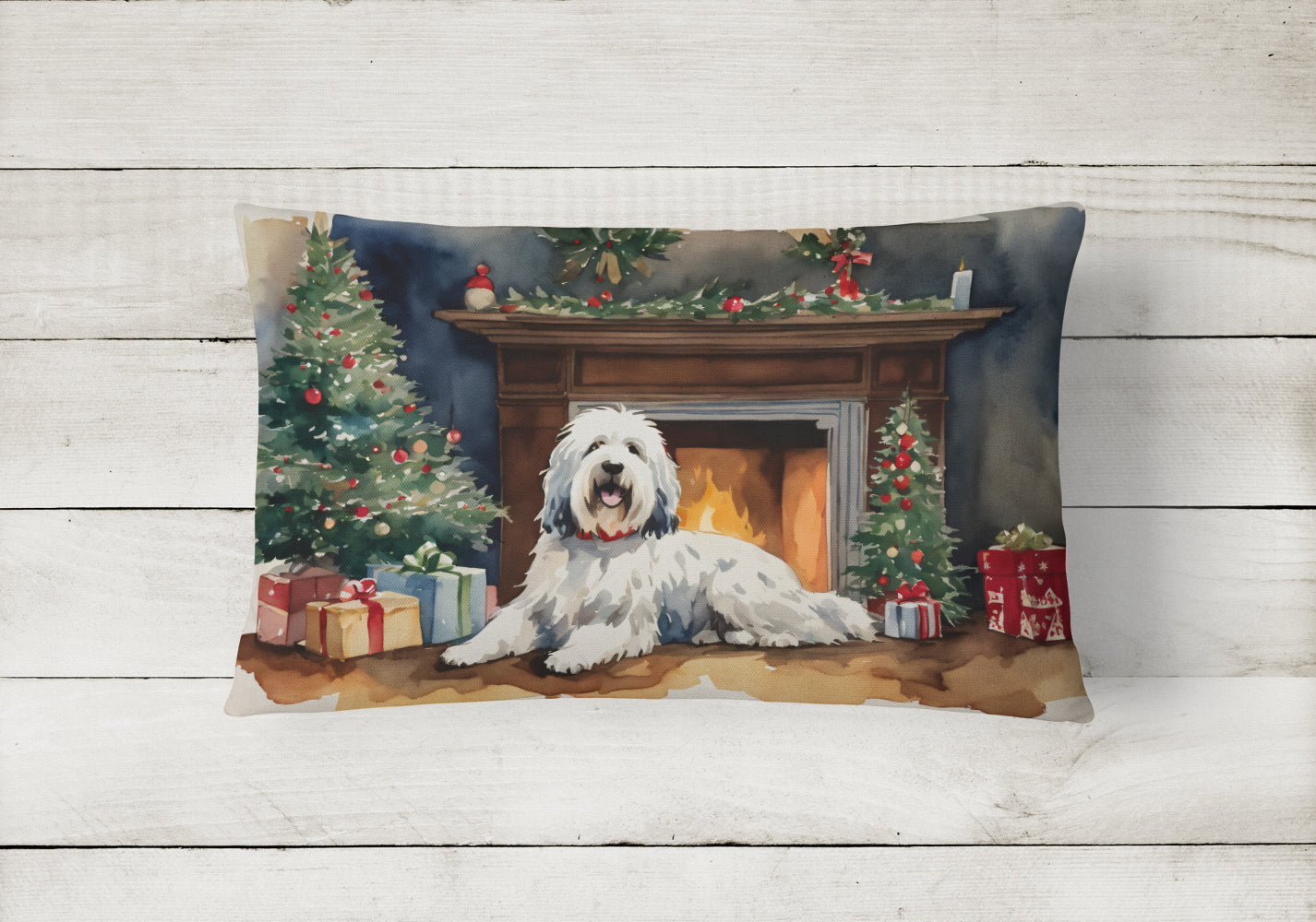 Old English Sheepdog Cozy Christmas Decorative Throw Pillow 12x16 Indoor Outdoor Accent Cushion, Fabric Cover with Insert for Sofa, Bed, Porch & Living Room