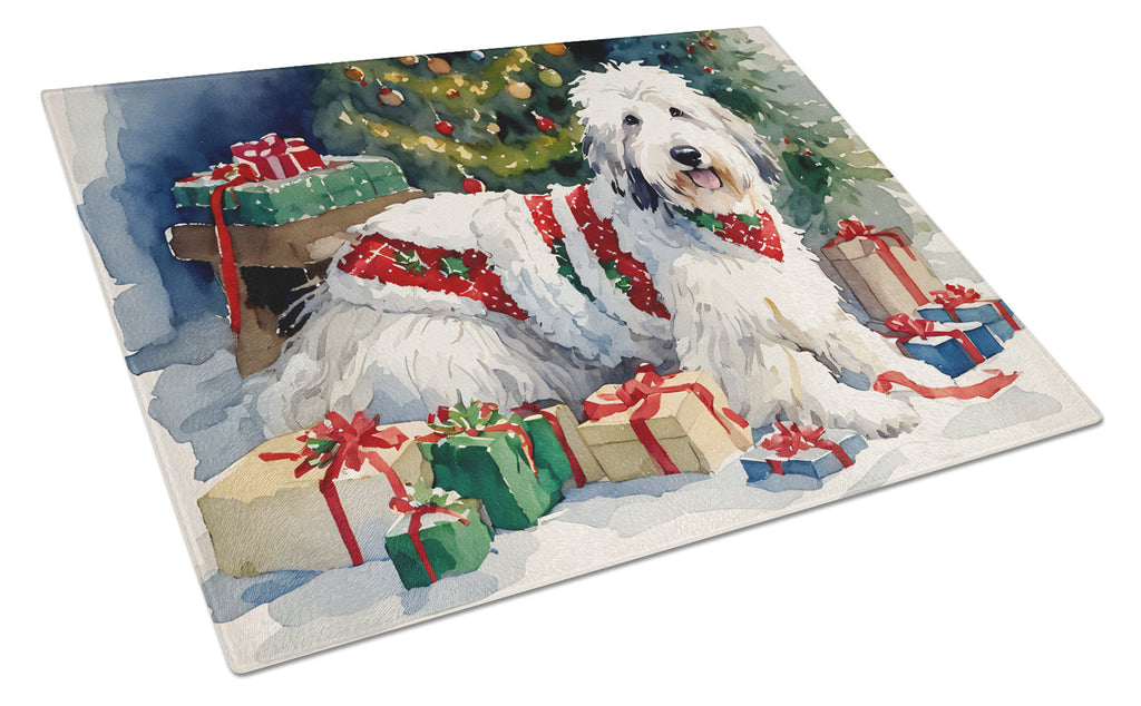 Old English Sheepdog Cozy Christmas Cutting Board Tempered Glass Kitchen Cutting Surface, Heat Resistant Chopping, Non-Slip Feet, Food Prep & Serving